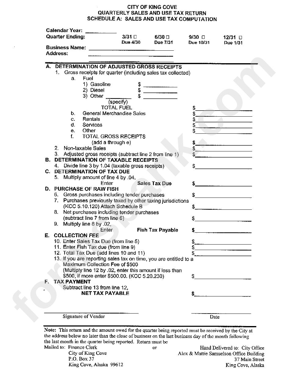 Form 6/01 Quarterly Sales And Use Tax Return Schedule A Sales And