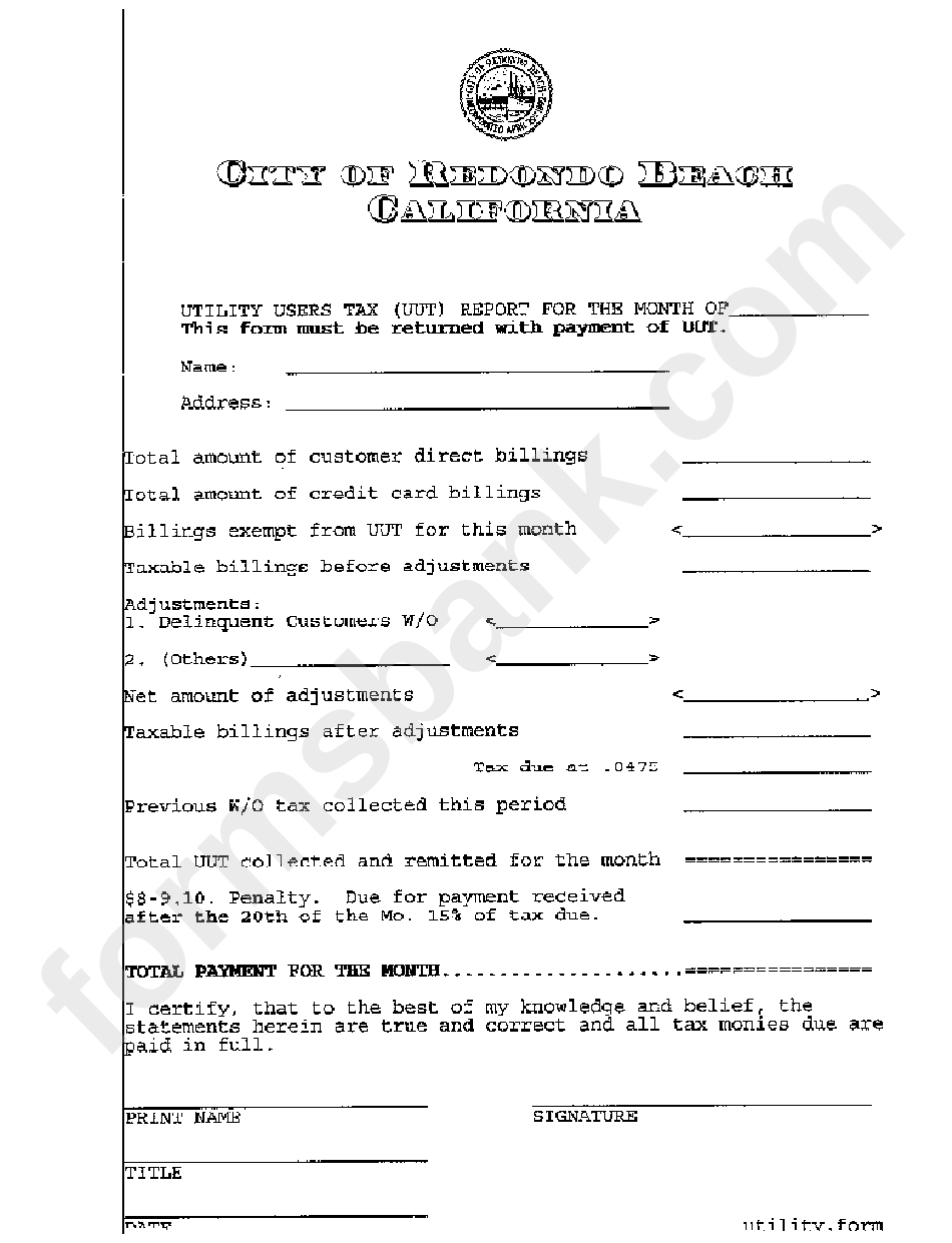 Utility Users Tax Report Form City Of Redondo Beach California printable pdf download