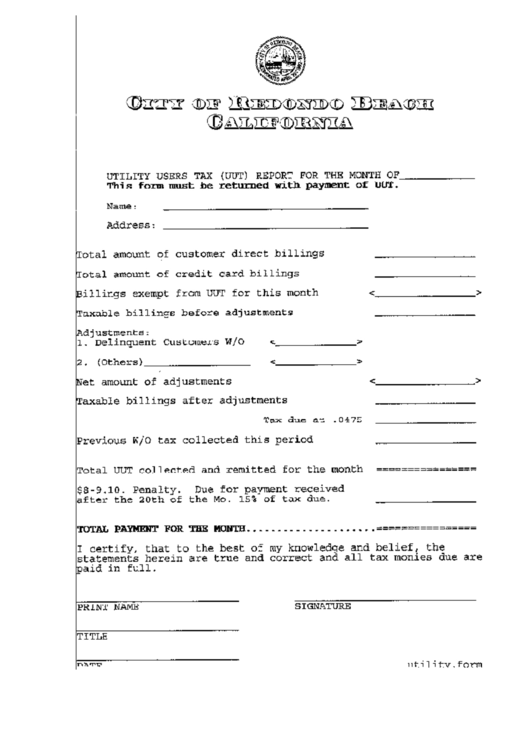 Utility Users Tax Report Form City Of Redondo Beach California printable pdf download