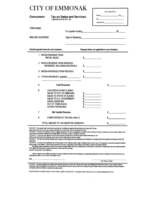 Tax On Sales And Services Form City Of Emmonak, Alaska printable pdf