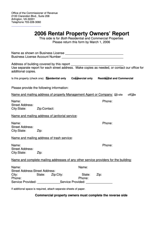 2006 Rental Property Owners' Report State Of Virginia printable pdf
