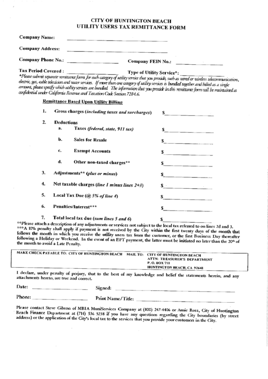 City Of Huntington Beach Utility Users Tax Remittance Form printable