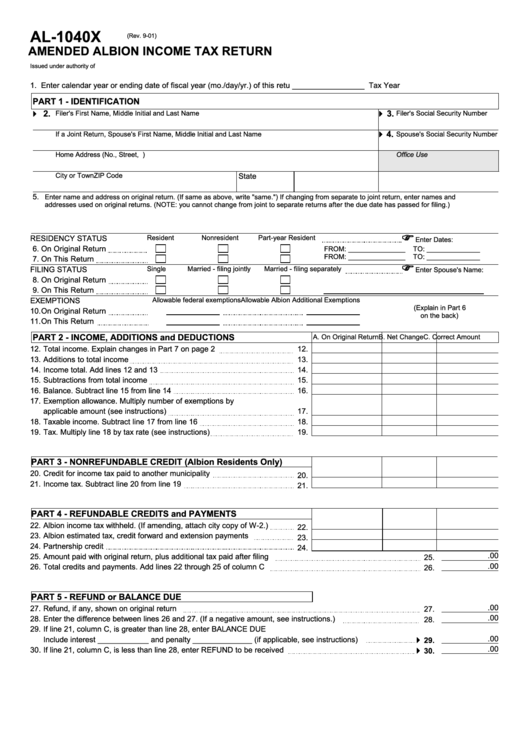 Form Al1040x Amended Albion Tax Return 2001 printable pdf