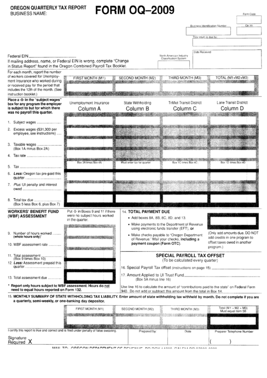Form Oq2009 Oregon Quarterly Tax Report printable pdf