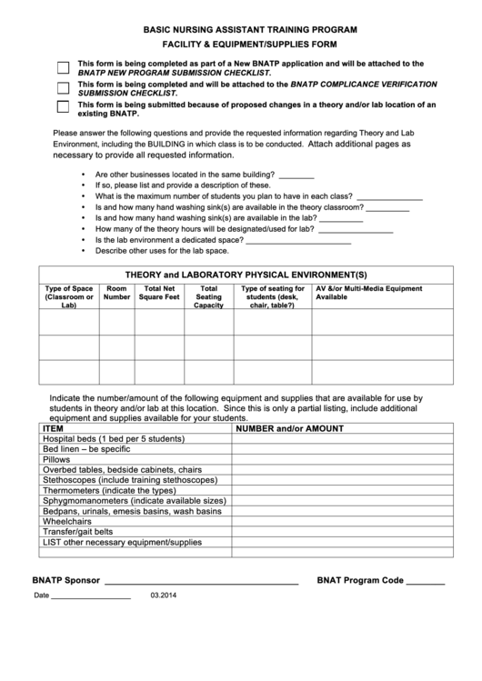 Fillable Facility & Equipment/supplies Form Basic Nursing Assistant