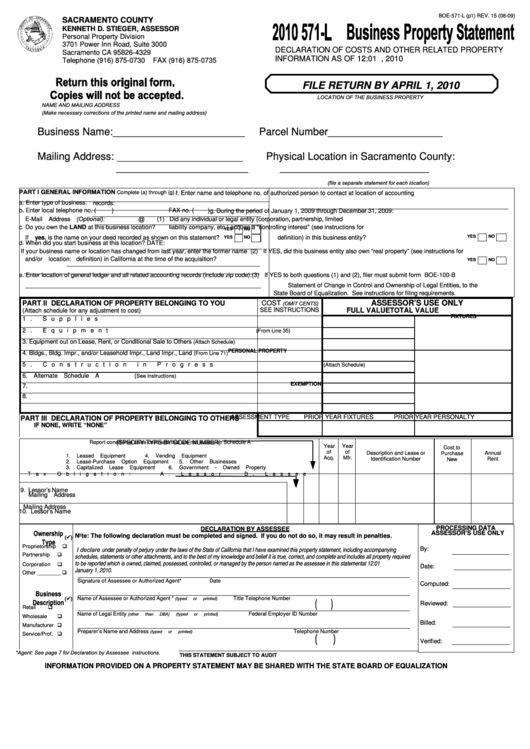 Fillable Form Boe571L Business Property Statement 2010 printable