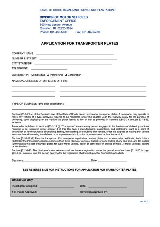 Fillable Application For Transporter Plates printable pdf download