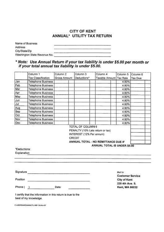 Annual Utility Tax Return City Of Kent printable pdf download