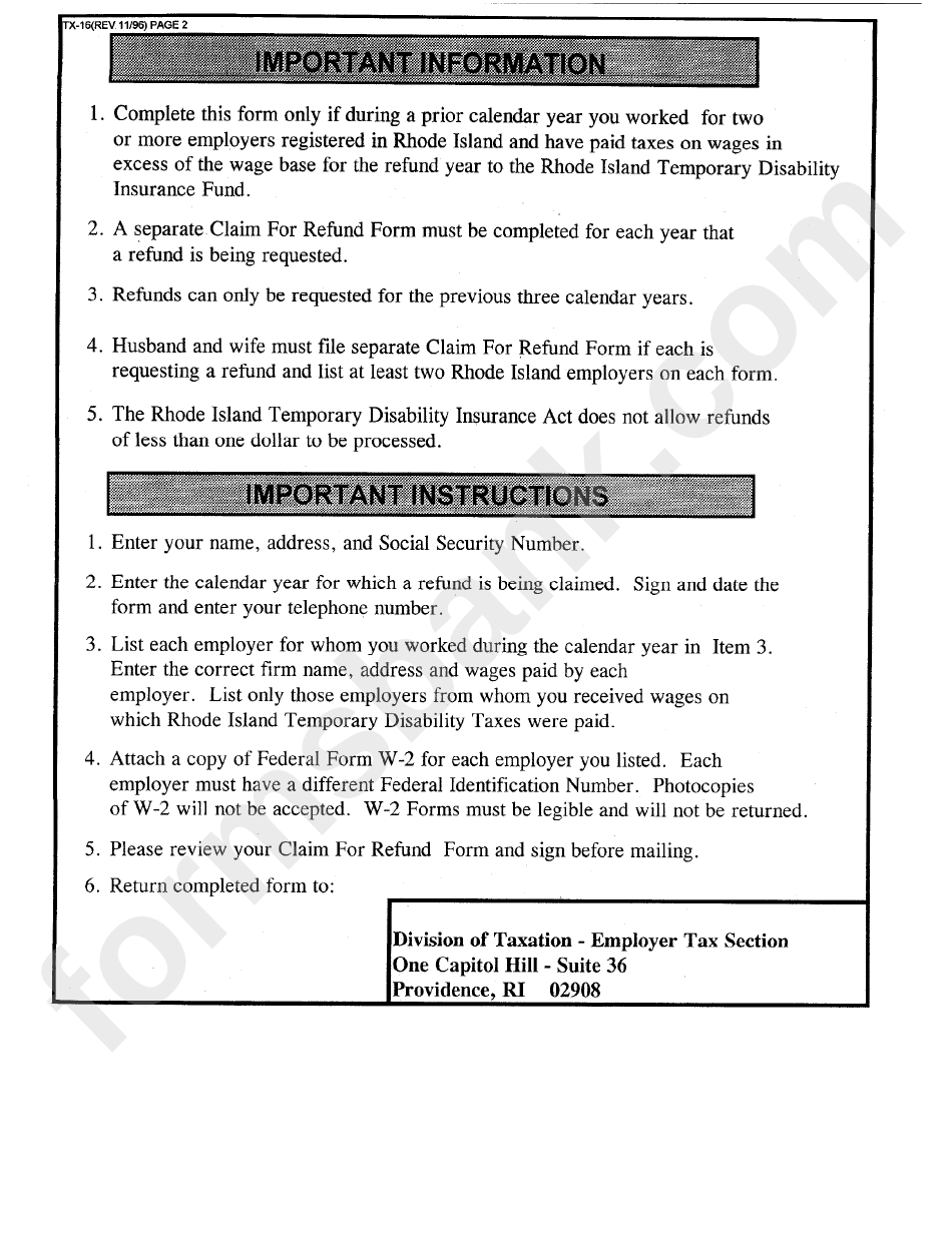 Form Tx16 Claim For Refund Of Temporary Disability Insurance Tax