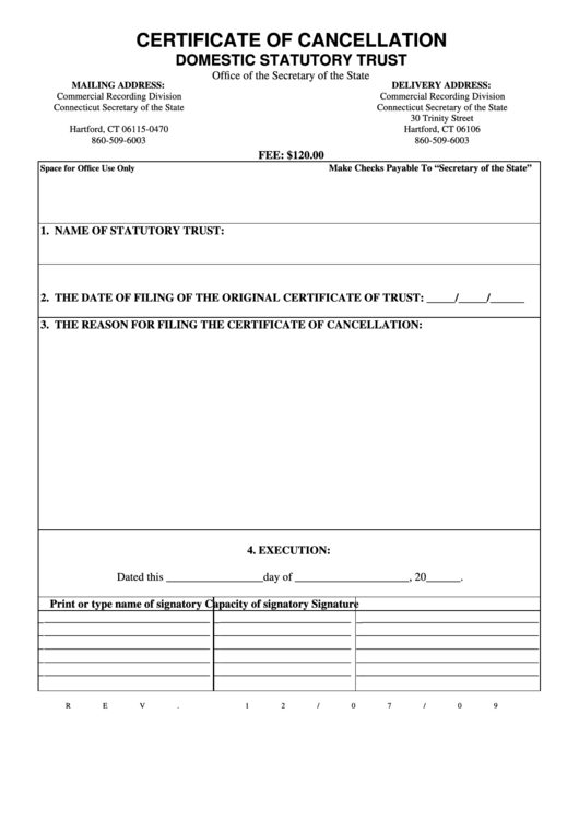 Certificate Of Cancellation Domestic Statutory Trust Form printable pdf
