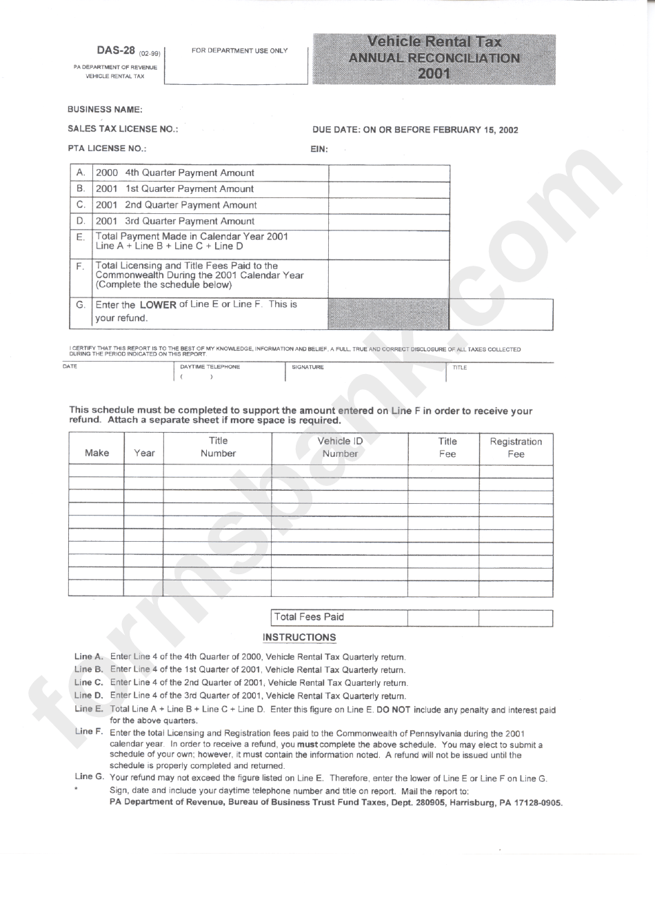 Form Das28 Vehicle Rental Tax Annual Reconciliation 2001 printable pdf download