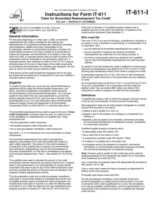 Instructions For Form It611 Claim For Brownfield Redevelopment Tax Credit New York State