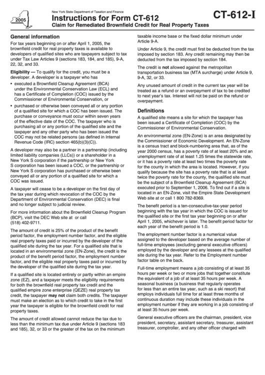 Instructions For Form Ct612 Claim For Remediated Brownfield Credit
