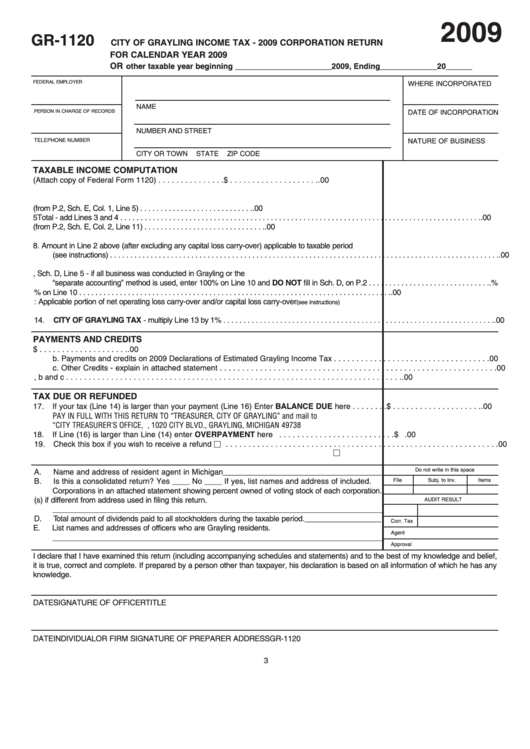 Form Gr1120 Corporation Return City Of Grayling Tax 2009 printable pdf download