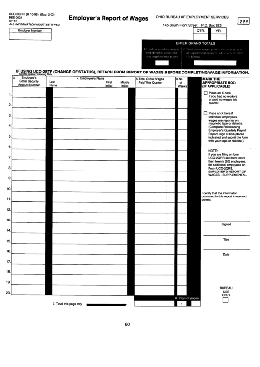 Form Uco2qrr Employer'S Report Of Wages Ohio Bureau Of Employment