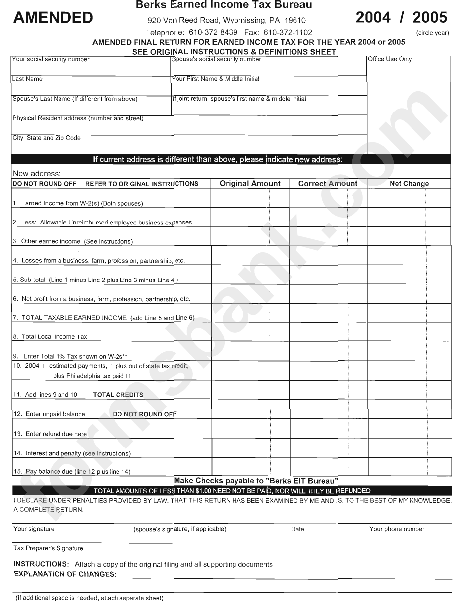 Amended Final Return For Earned Tax For The Year Of 2004 Or 2005 Form Pennsylvania