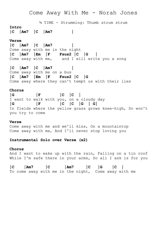 Norah Jones Come Away With Me Guitar Chord Chart printable pdf download