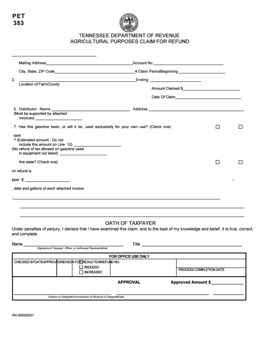 Form 353 Agricultural Purposes Clam For Refund Tennessee Department