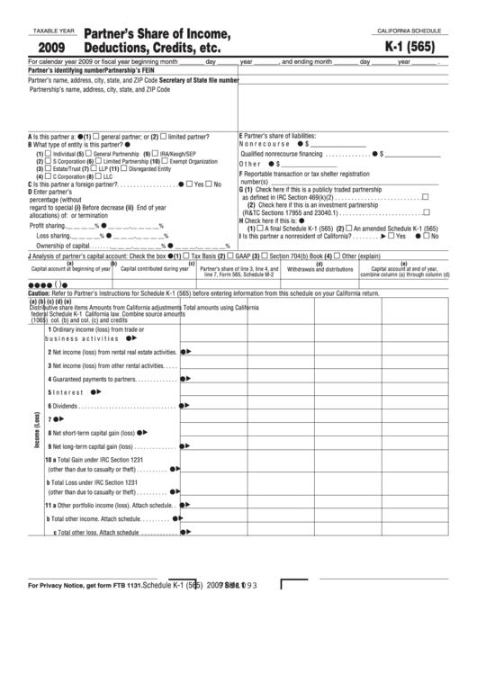 Fillable California Schedule K1 (Form 565) Partner'S Share Of