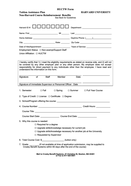 Tuition Assistance Plan NonHarvard Course Reimbursement