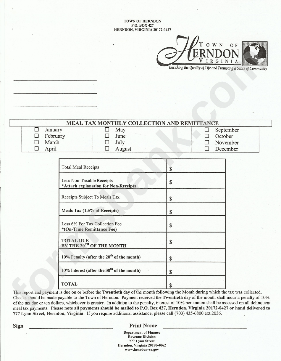 Meal Tax Monthly Collection And Remittance Form Town Of Herndon