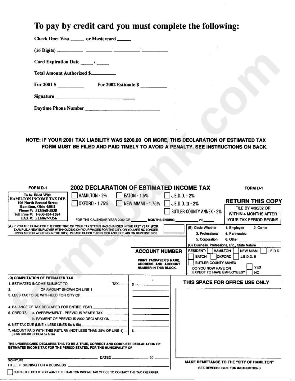 Form D1 Declaration Of Estimated Tax 2002 printable pdf