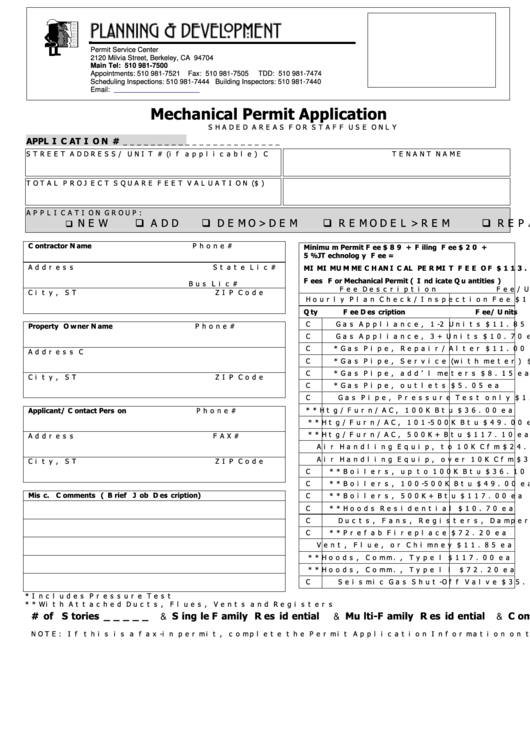 Mechanical Permit Application Mechanical Form printable pdf download