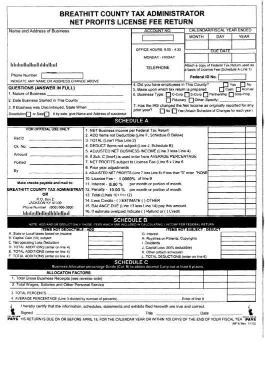 Net Profit License Fee Return Form printable pdf download