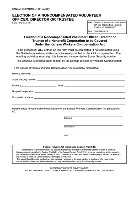 Fillable Form KWc 137 Election Of A Volunteer Officer