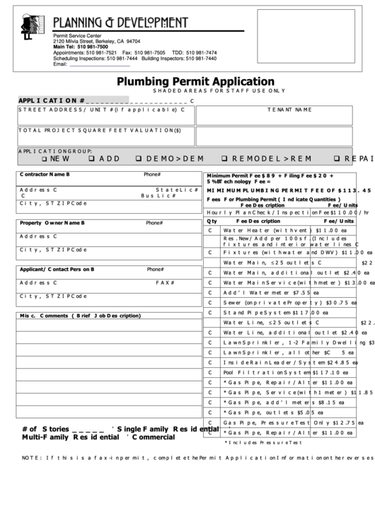 Plumbing Permit Application Form printable pdf download