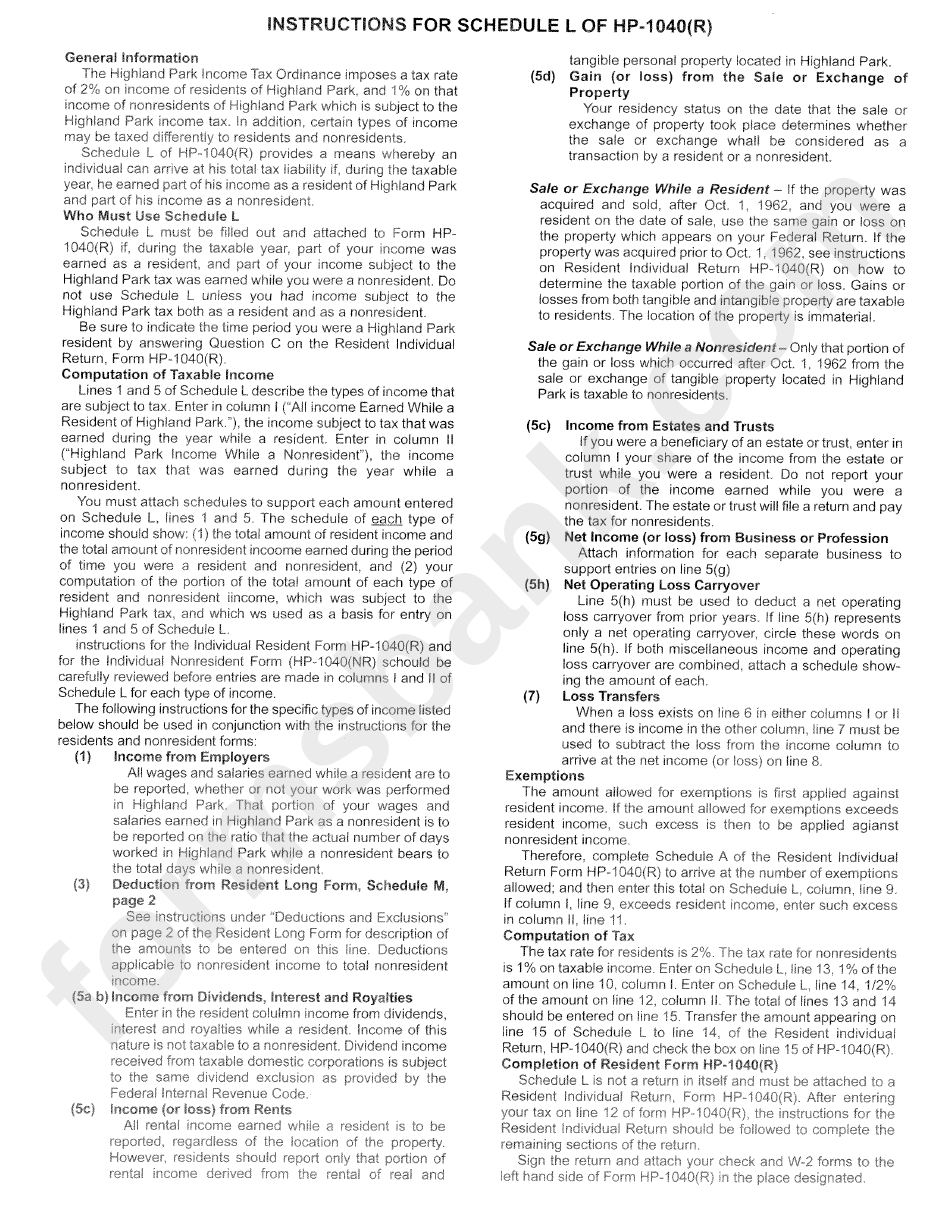 Instructions For Schedule L Of Form Hp1040(R) Highland Park