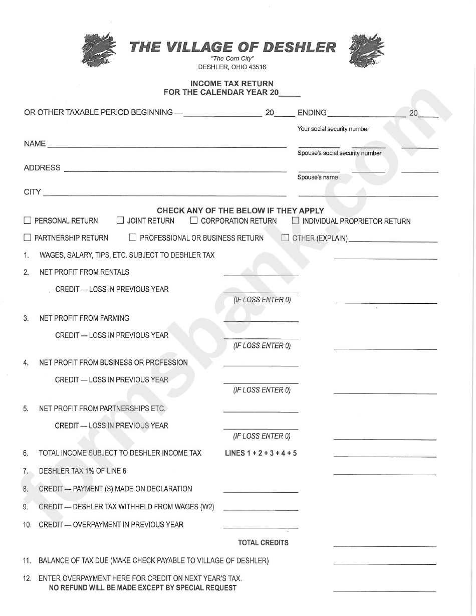 Tax Return Form Village Of Deshler Ohio printable pdf download