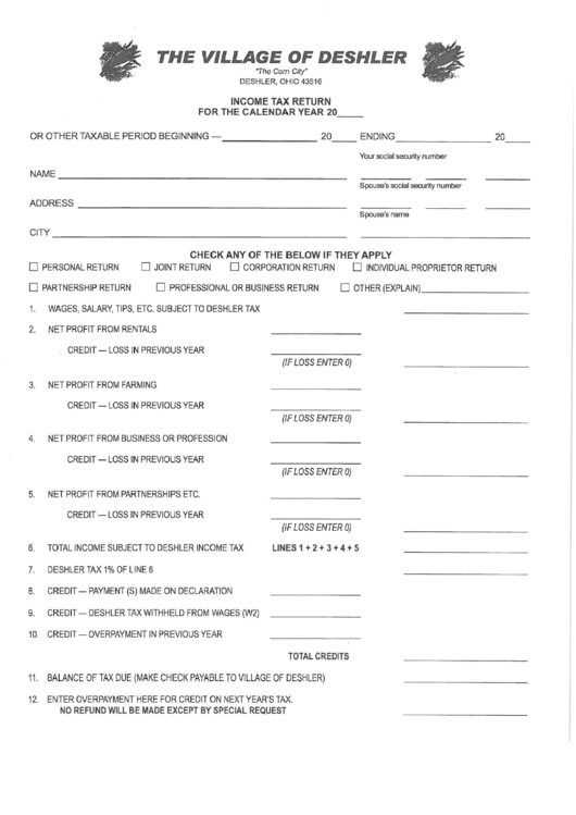 Tax Return Form Village Of Deshler Ohio printable pdf download