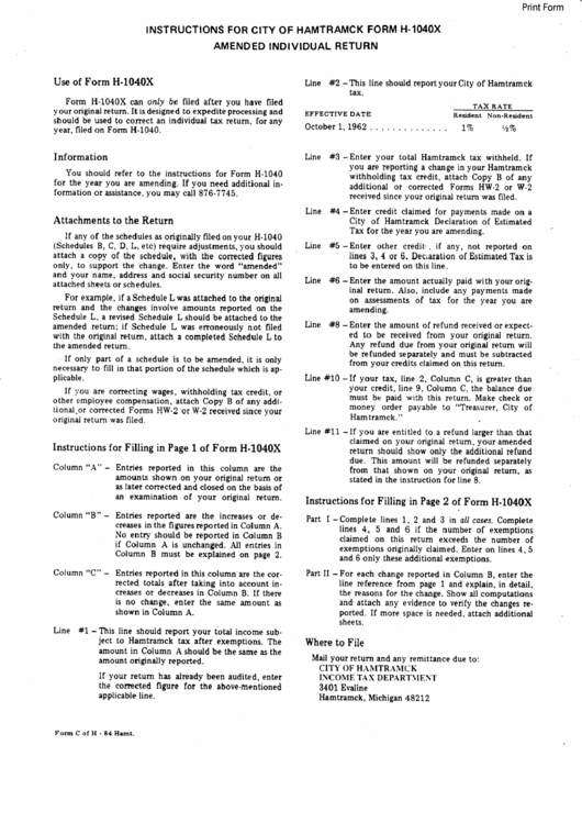 Instructions For City Of Hamtramck Form H1040x Hamtramck Michigan