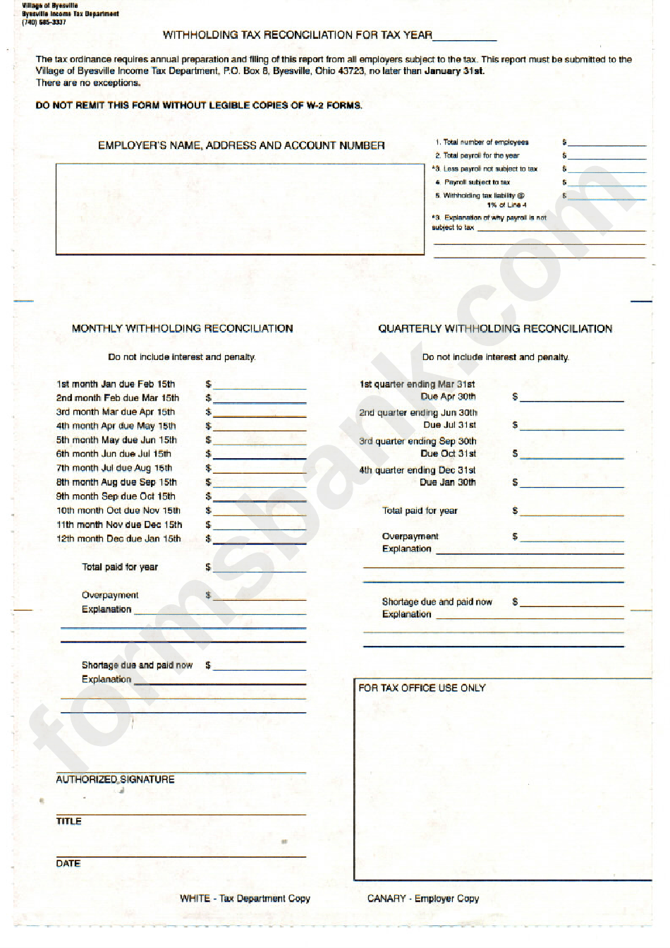 Withholding Tax Reconciliation Form Tax Department Byesville