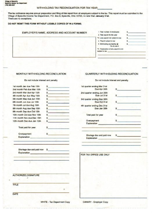 Withholding Tax Reconciliation Form Tax Department Byesville