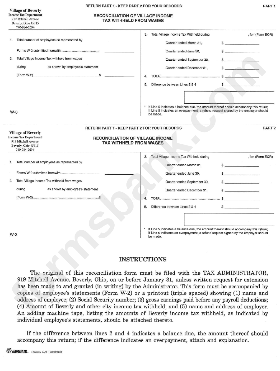 Form W3 Reconciliation Of Village Tax Withheld Form Wages