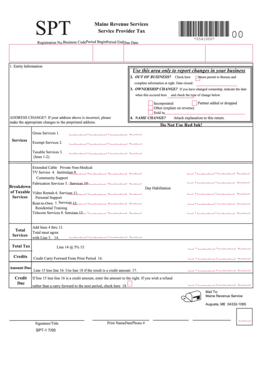 Form Spt1 7/05 Maine Revenue Services Service Provider Tax