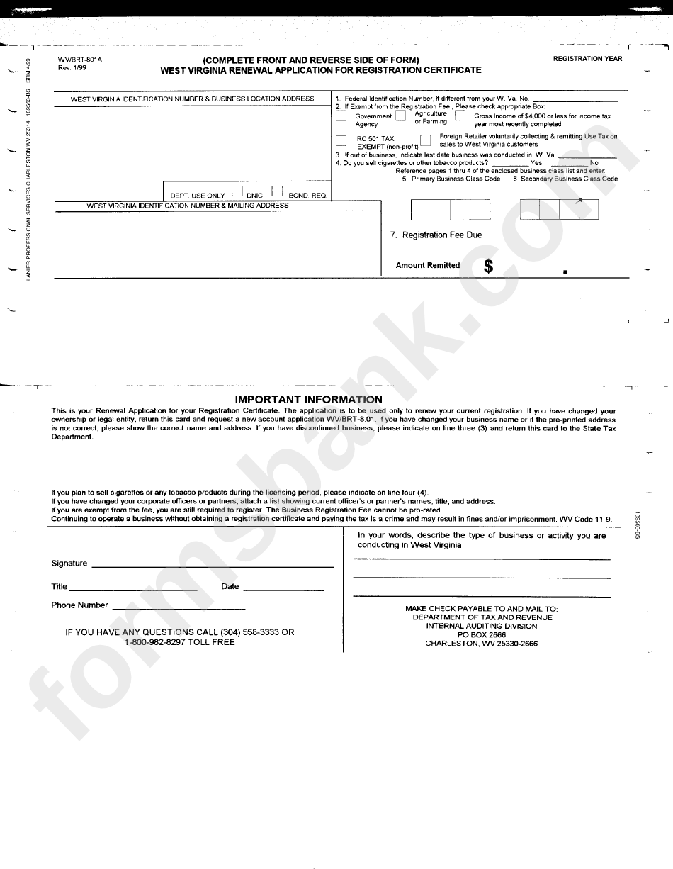 Form Wv/brt801a West Virginia Renewal Application For Registration