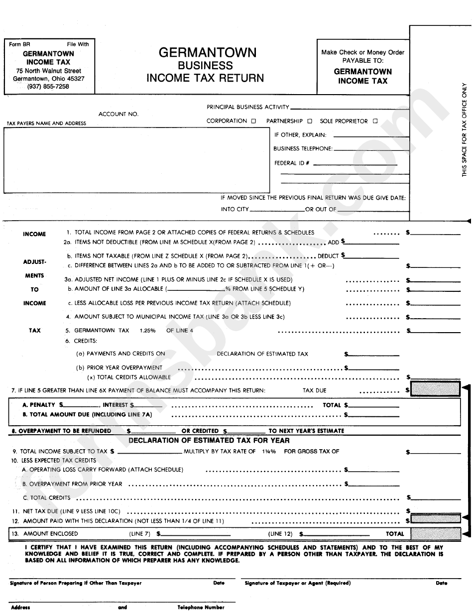 Form Br Germantown Business Tax Return State Of Ohio