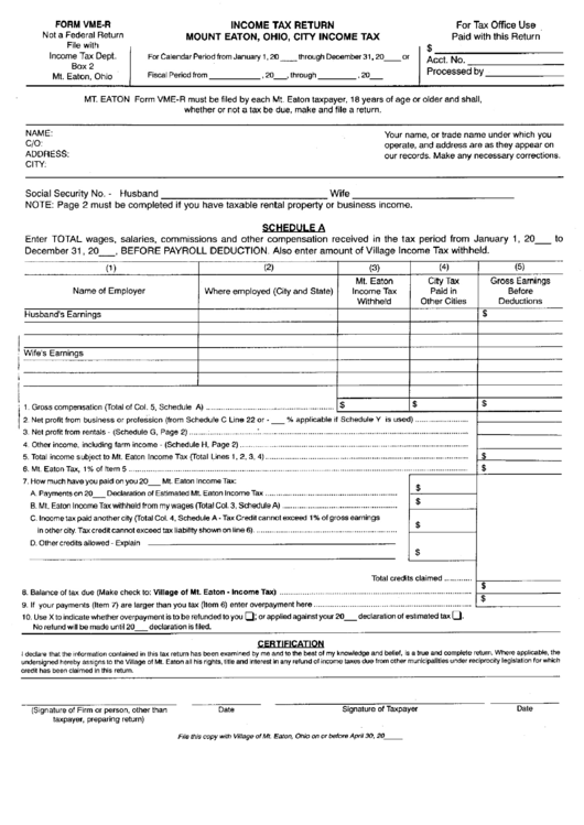 Form VmeR Tax Return Mount Eaton, Ohio, City Tax