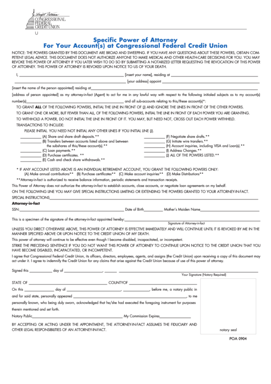 Specific Power Of Attorney Form Congressional Federal Credit Union