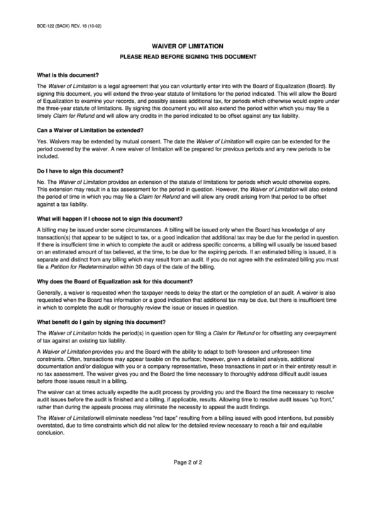 Form Boe122 Waiver Of Limitation State Of California printable pdf