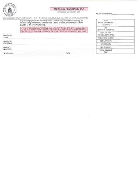 Meals&beverage Tax Form State Of Virginia printable pdf download