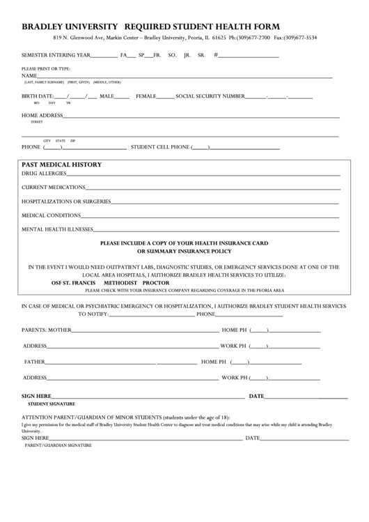 Bradley University Required Student Health Form printable pdf download