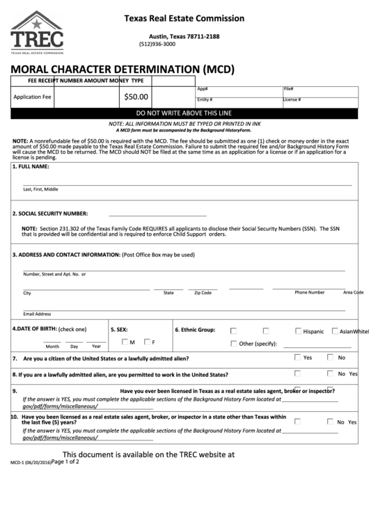 Fillable Texas Real Estate Commission Moral Character Determination