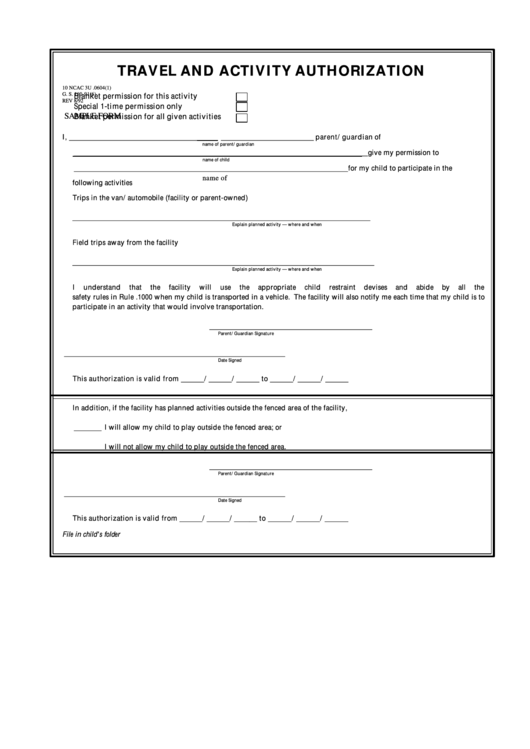 Fillable Travel And Activity Authorization printable pdf download