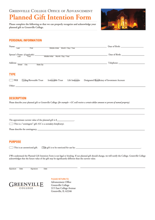 Planned Gift Intention Form printable pdf download