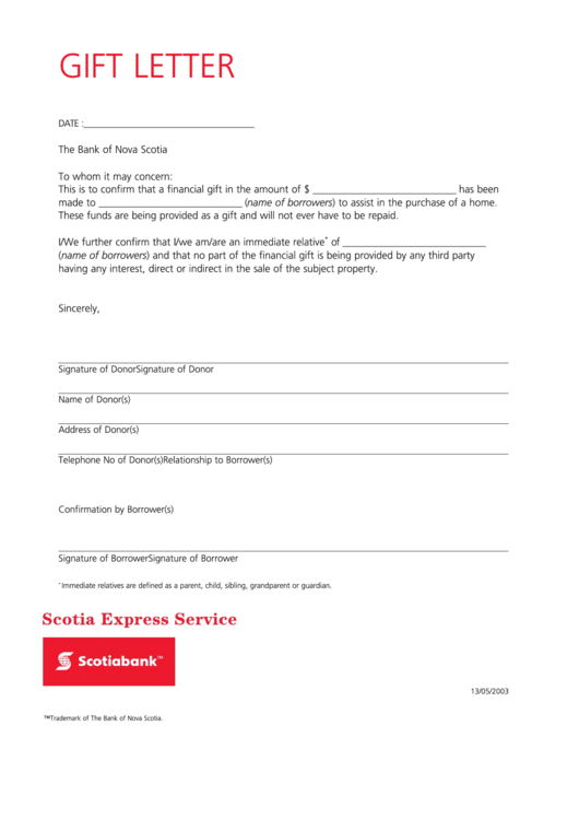 Gift Letter For Mortgage Template printable pdf download