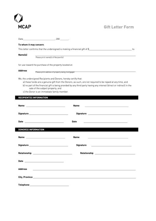Fillable Gift Letter Form printable pdf download